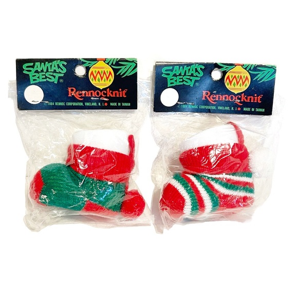 Vintage 1984 Knit Stocking Fillable Christmas Tree Ornaments Holiday Green Red - Picture 2 of 12